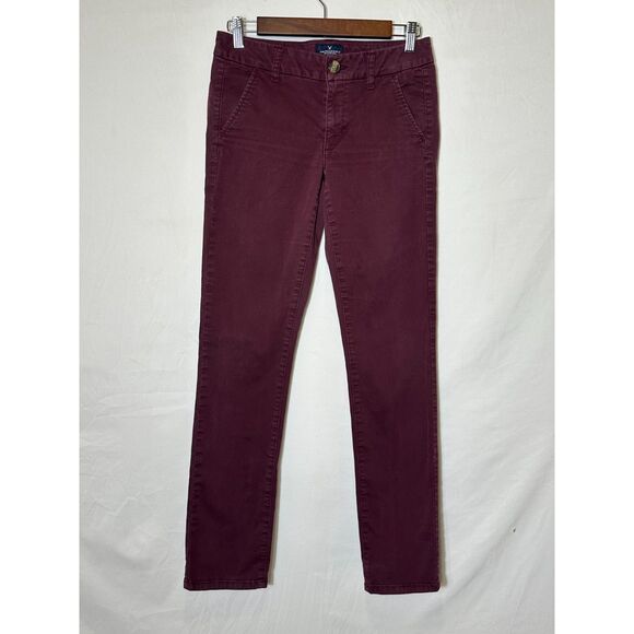 American Eagle Stretch Women's Low Rise Cranberry Chino Pants Size 4 Pockets - Picture 1 of 4